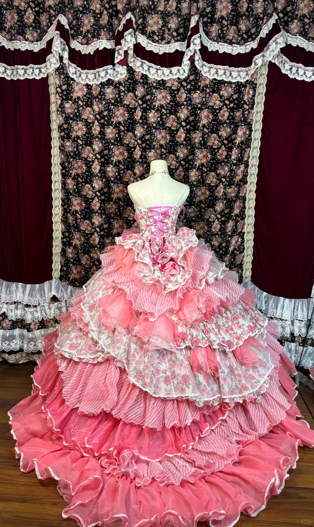 Vintage Pink Print Floral Ball Gown Strapless Layered Tulle Prom Dress Sweet 16 Dress DP5657