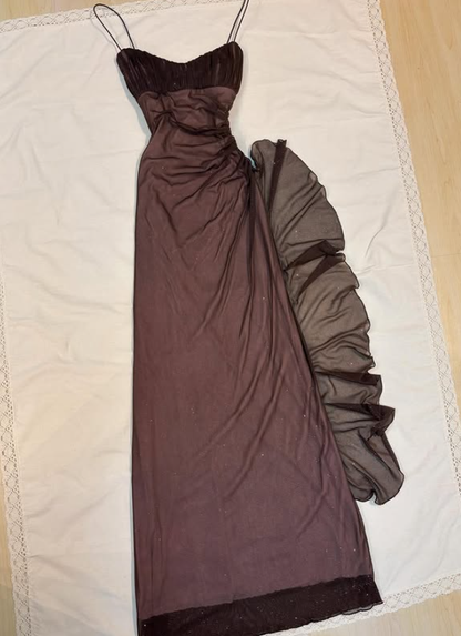 Vintage Brown Sheath Straps Ruffle Chiffon Prom Dress Evening Dress Date Dress DP5272