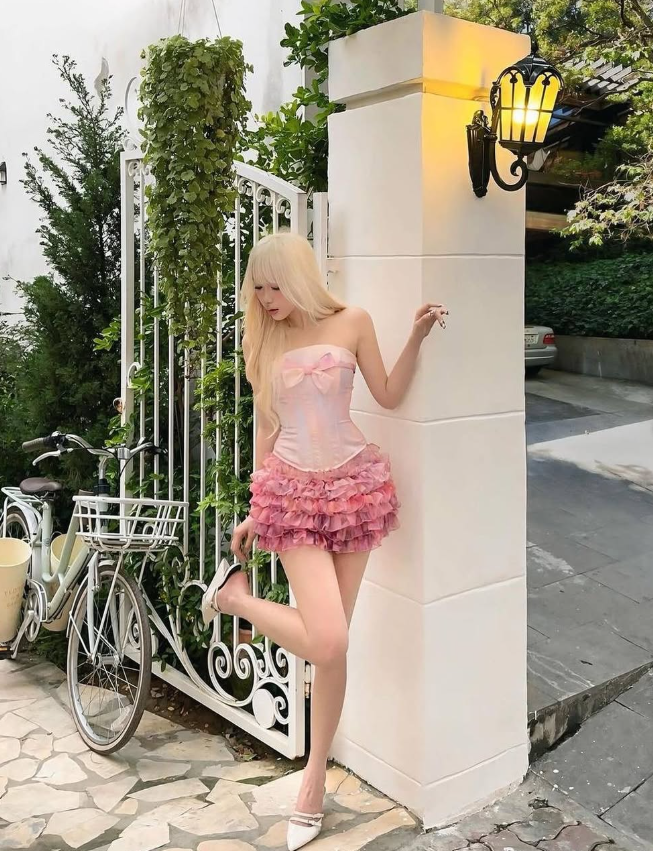Pink Dreamy Layered Chiffon Satin Short Homecoming Dress Date Dress with Bow DP2955