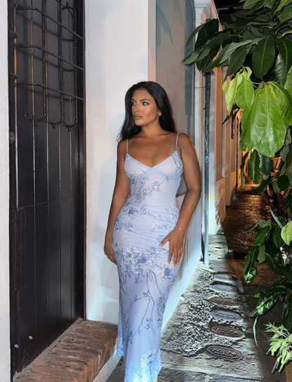 Sexy Blue Print Floral Sheath Satin Long Evening Party Dress Date Dress DP2993