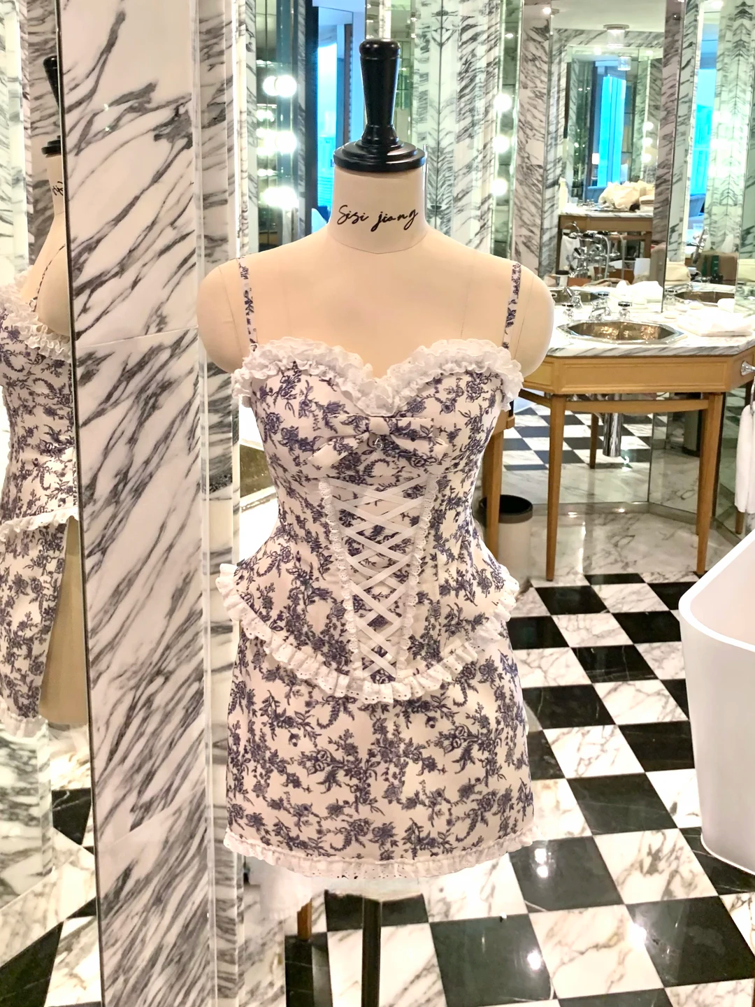 Two Piece Sheath Strapless Blue Print Floral Satin Short Prom Dress Homecoming Dress DP6393