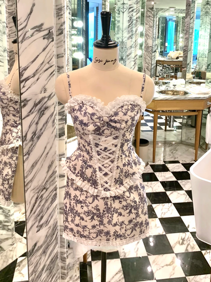 Two Piece Sheath Strapless Blue Print Floral Satin Short Prom Dress Homecoming Dress DP6393