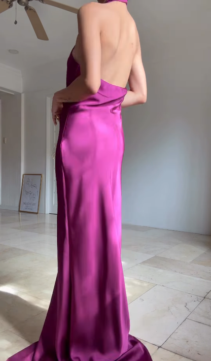 Simple Sheath Halter Navy Blue Satin Open Back Graduation Prom Dress DP4875