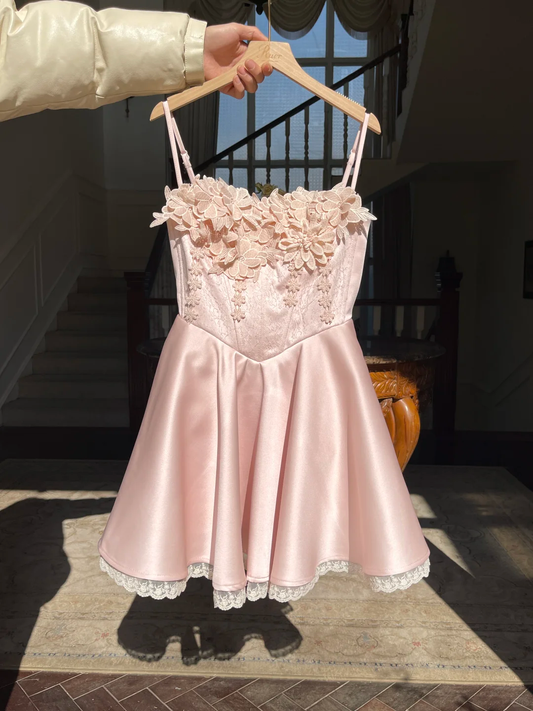 Pink Cute Appliques Floral Satin Short Homecoming Dress Date Dress Cocktail Dress DP2953