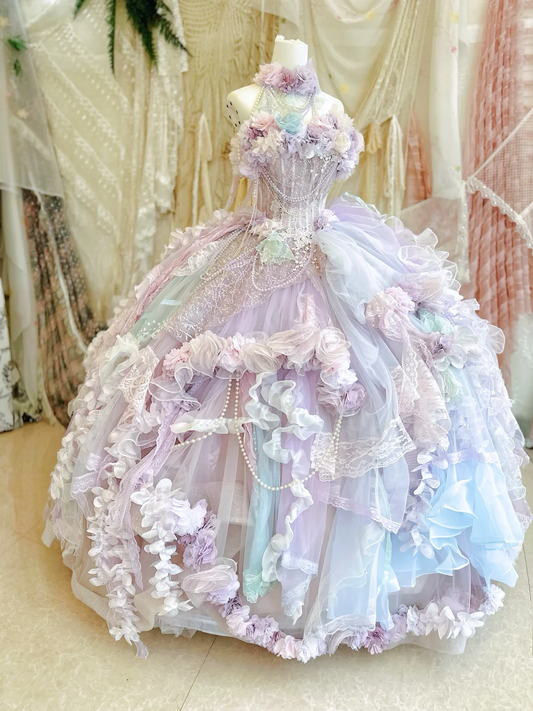 Exquisite Ball Gown Halter Purple Floral Organza Beaded Prom Dress 16th Birthday Dress DP3838