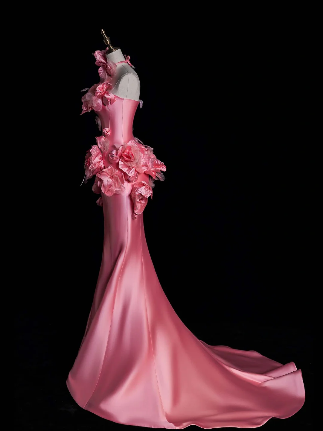 Unique Mermaid Strapless Pink Flower Satin Long Prom Dress Evening Dress DP2096