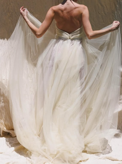 Light Apricot A Line Strapless Tulle Long Prom Dress Party Dress DP3777