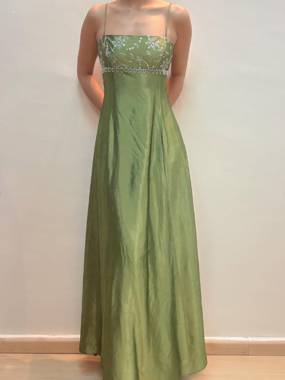 Vintage A Line Spaghetti Strap Beaded Sequin Green Satin Long Prom Dress Evening Dress DP1716
