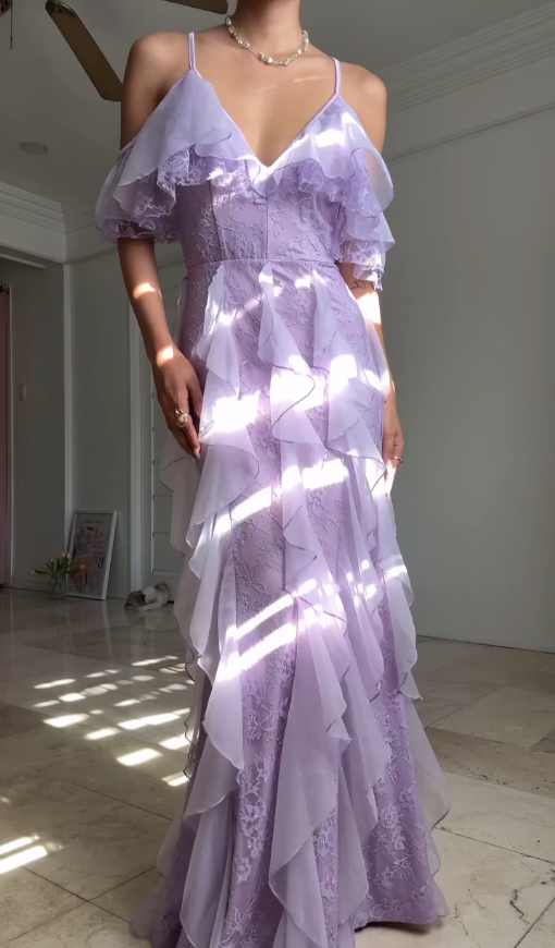 Romantic Mermaid Off the Shoulder Purple Lace Chiffon Graduation Prom Dress DP4874