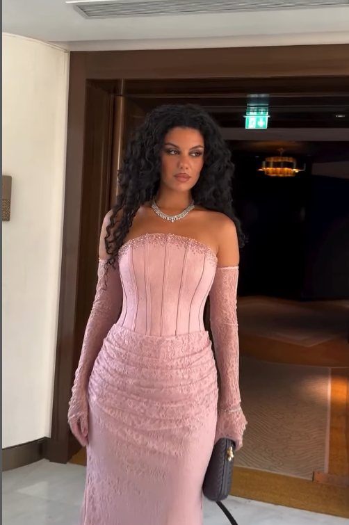 Pink Sheath Strapless Beaded Lace Prom Dress Wedding Guest Dress DP4342