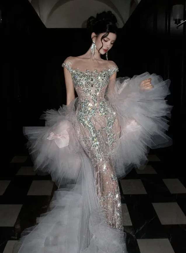 Shiny Mermaid Exquisite Beaded Sequin Tulle Long Sweep Prom Dress DP5037