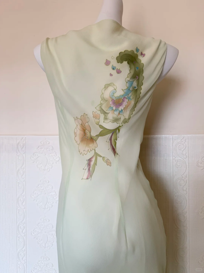 Vintage Light Green Print Floral Beaded Chiffon Prom Dress DP5172