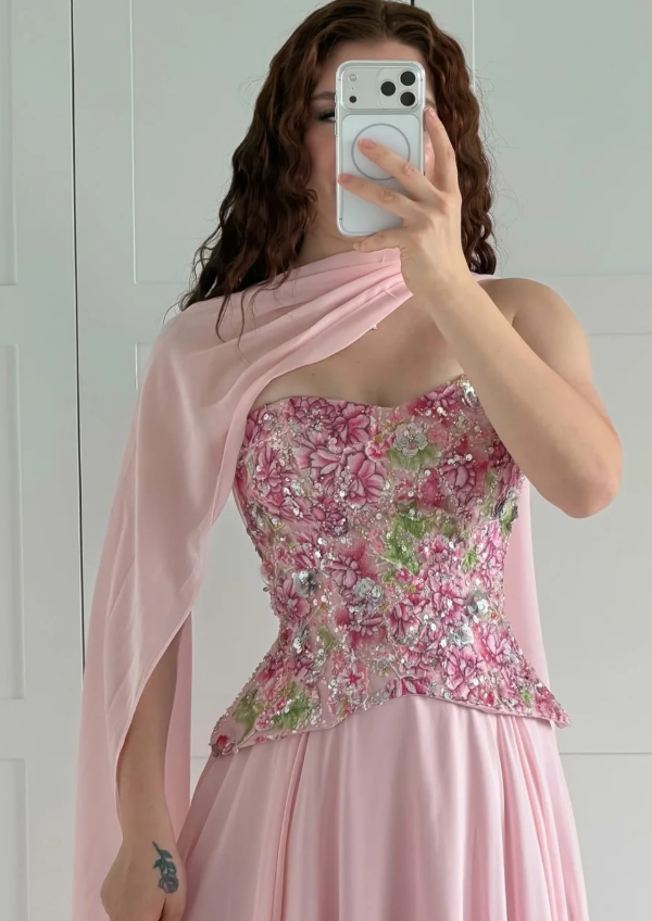 Pink A Line Strapless Exquisite Embroidery Chiffon Long Prom Dress Evening Dress DP6925