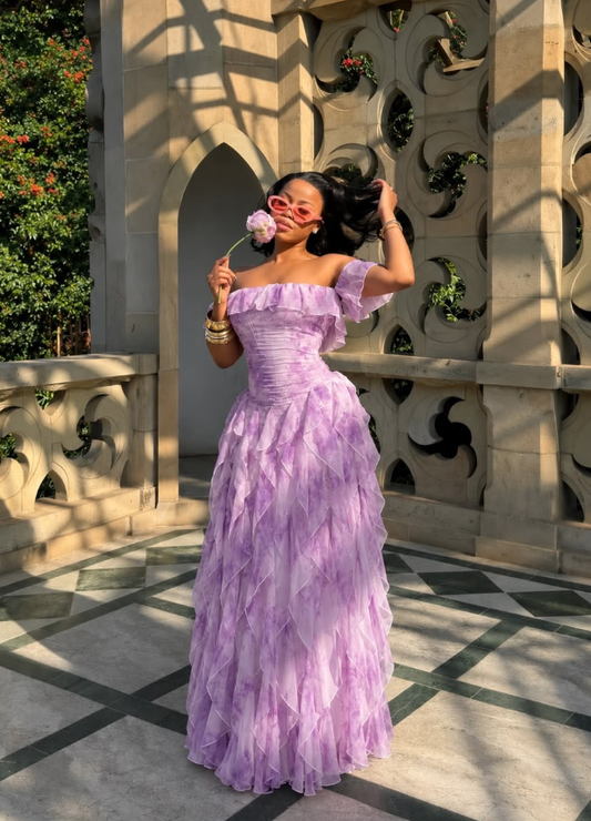 Purple Print Floral A Line Off The Shoulder Layered Chiffon Backless Prom Dress Outfits DP6320