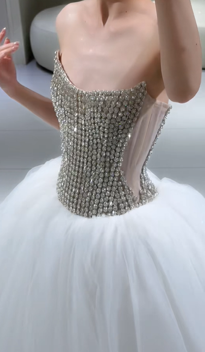 Shiny A Line Strapless Rhinestone White Tulle Long Wedding Dress DP4808