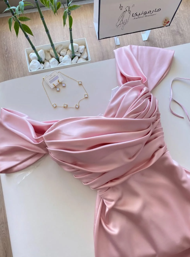 Gentle Simple Pink A Line Pleated Satin Prom Dress Evening Dress DP5257
