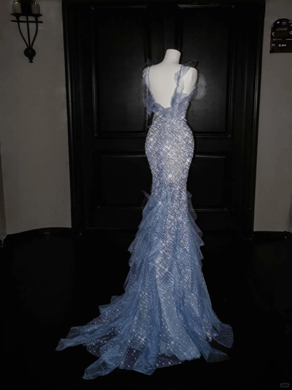 Elegant Mermaid Halter Blue Ruffle Sequin Prom Dress Party Dress DP2687