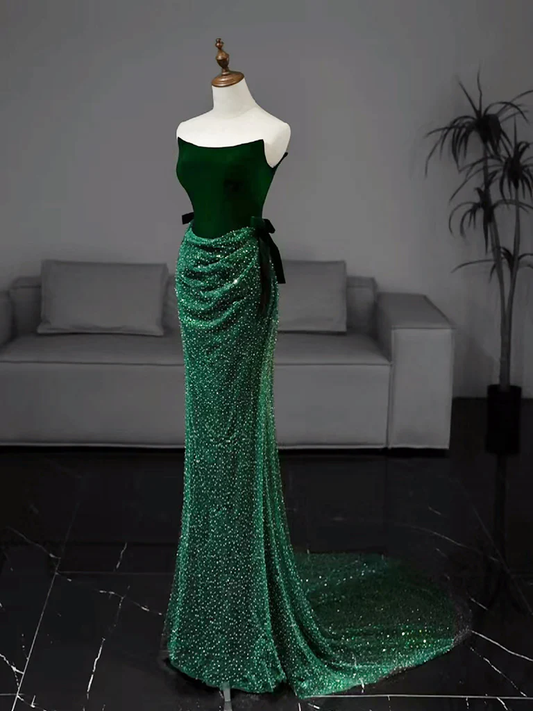 Strapless Mermaid Tulle Sequin Velvet Green Long Prom Dress Formal Evening Dress DP373