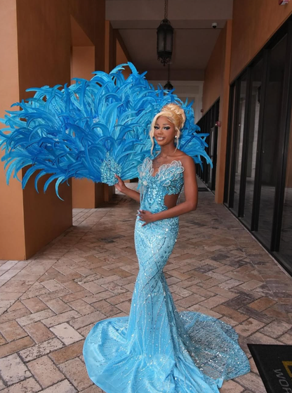 Chic Mermaid Strapless Shiny Beaded Sequin Tulle Long Sweep Prom Dress DP5053