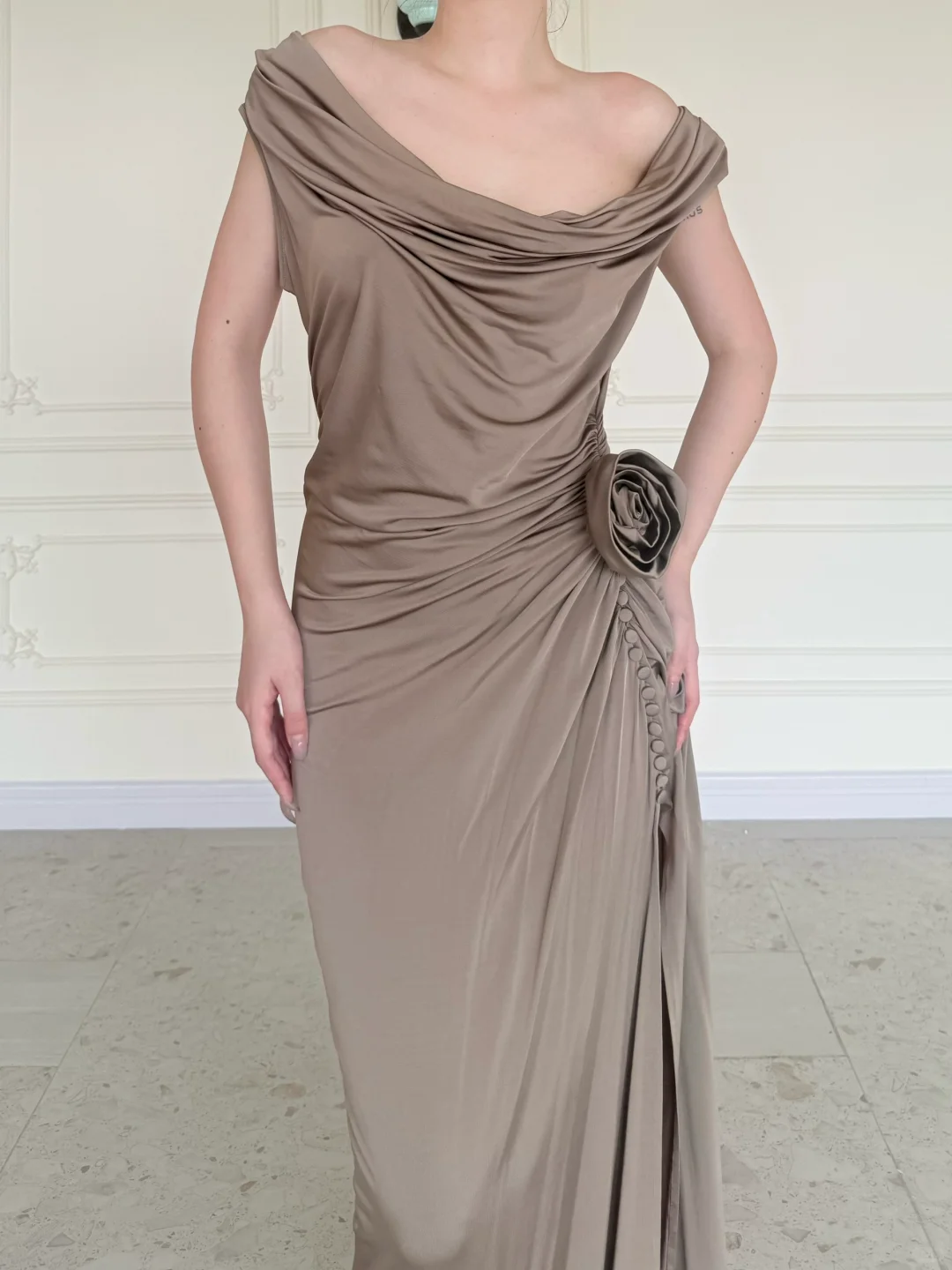 Simple Brown Vintage Sheath Straps Satin Long Prom Dress DP5069