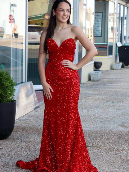 Shiny Red Sequin Mermaid Sweetheart Neck Long Prom Dress Evening Dress with Slit DP6568
