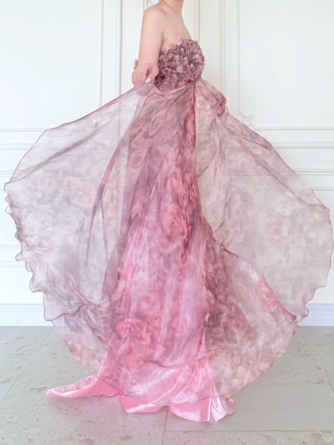 Pink Print Floral A Line Straps Chiffon Long Prom Dress Evening Dress DP5471