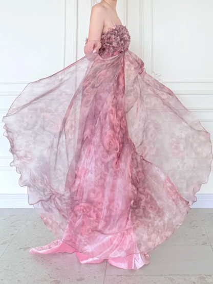 Pink Print Floral A Line Straps Chiffon Long Prom Dress Evening Dress DP5471