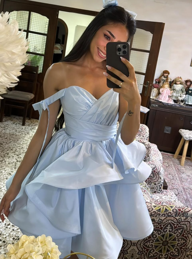 Baby Blue A Line Off the Shoulder Pleated Satin Short Homecoming Dress Birthday Dress DP2976