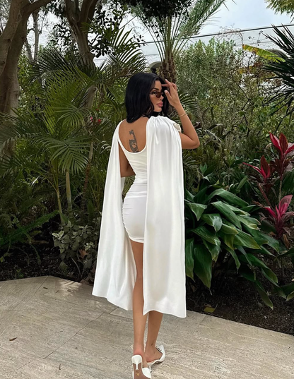 White Sexy Sheath Pleated Satin Short Homecoming Dress Cocktail Dress with Cape DP3197
