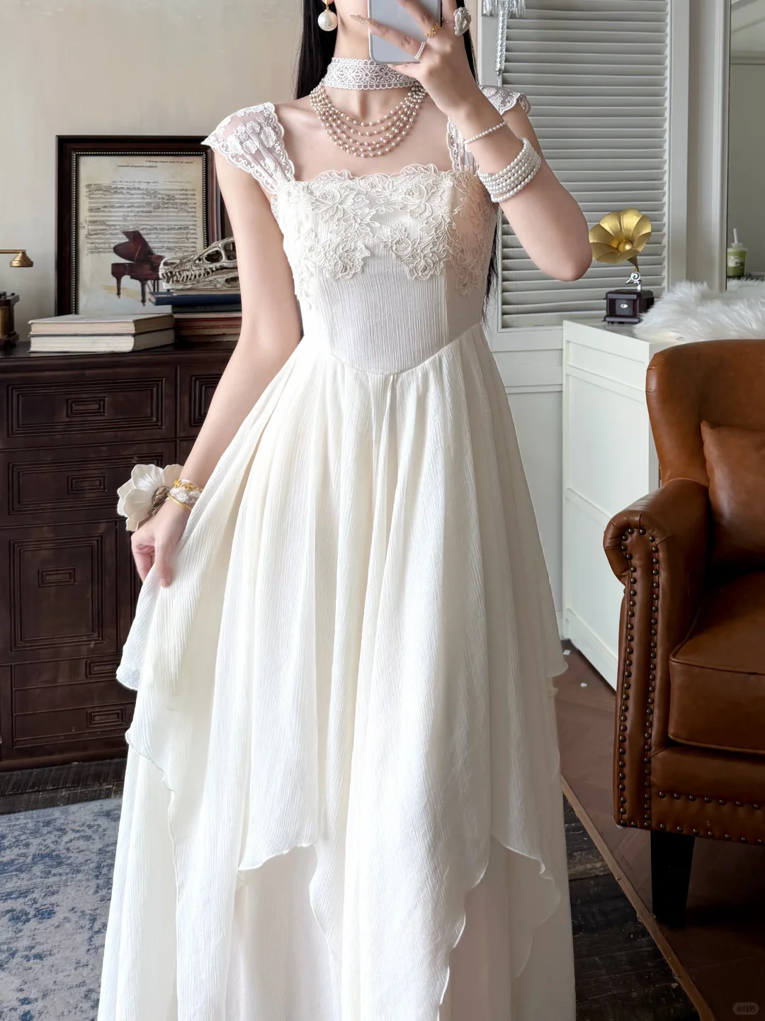 Gentle White A Line Straps Lace Chiffon Prom Dress Evening Dress DP6455