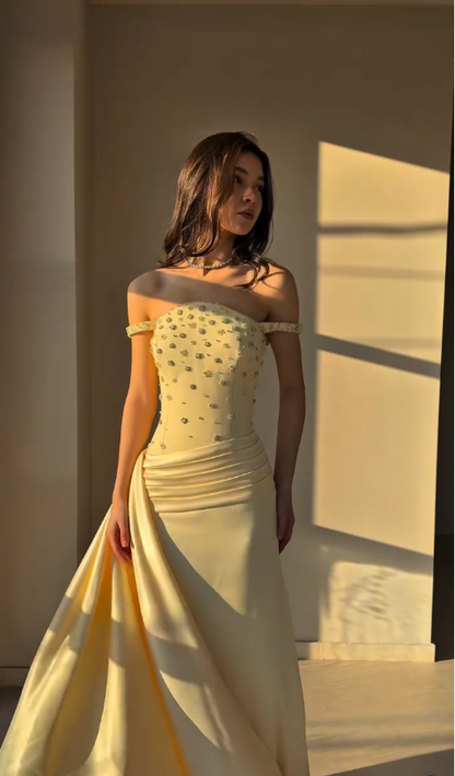 Yellow A Line Off the Shoulder Beaded Satin Long Sweep Prom Dress Graduation Prom Dress DP5047