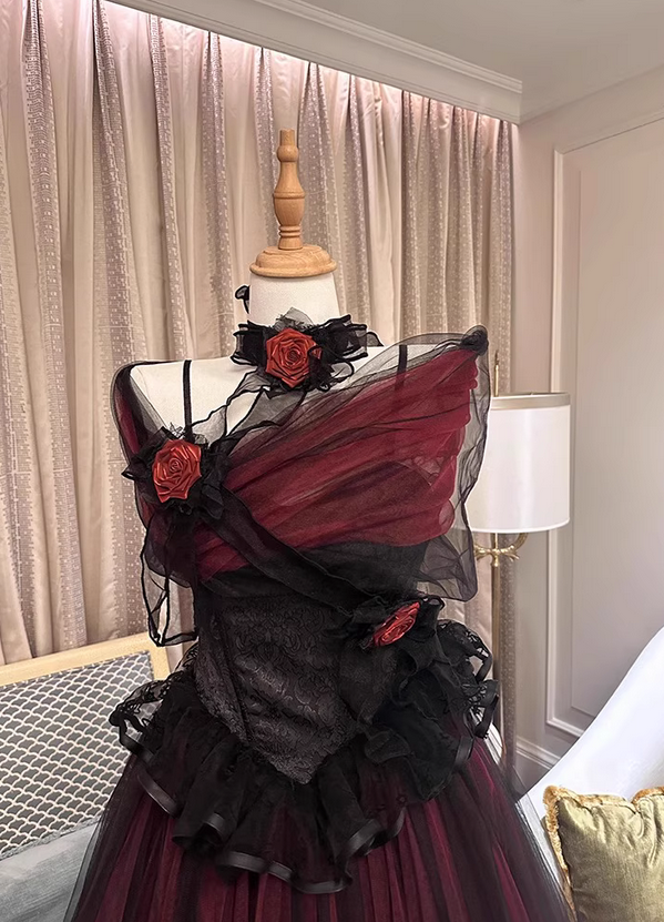 Burgundy Black Roses A Line Lace Tulle Lolita Goth Boning Dress Prom Dress DP4503