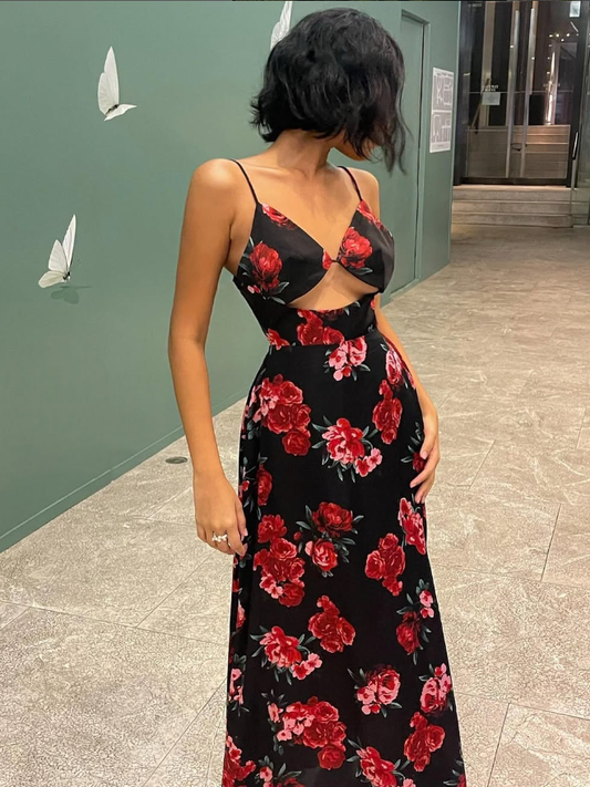 Sexy A Line Spaghetti Strap Print Floral Satin Long Prom Dress Evening Dress DP1489