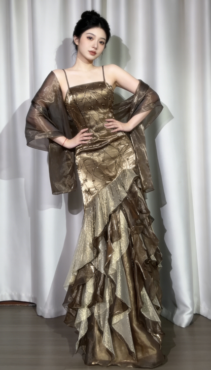 Gorgeous Sheath Long Prom Dress Spaghetti Straps Birthday Dress Beaded Satin Formal Dresses DP4359