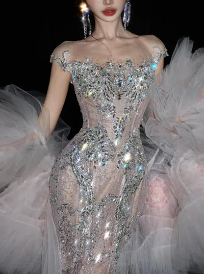 Shiny Mermaid Exquisite Beaded Sequin Tulle Long Sweep Prom Dress DP5037