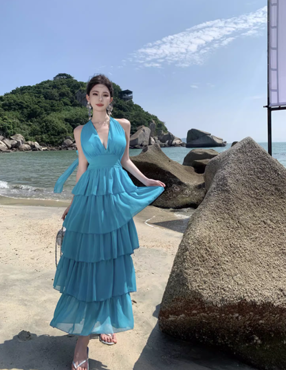Blue Backless A Line Halter Layered Chiffon Long Vacation Dress Outfits DP3401
