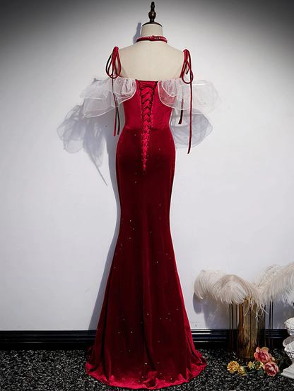 Red Mermaid Beading Long Prom Dress, Velvet Slit Evening Dress DP065