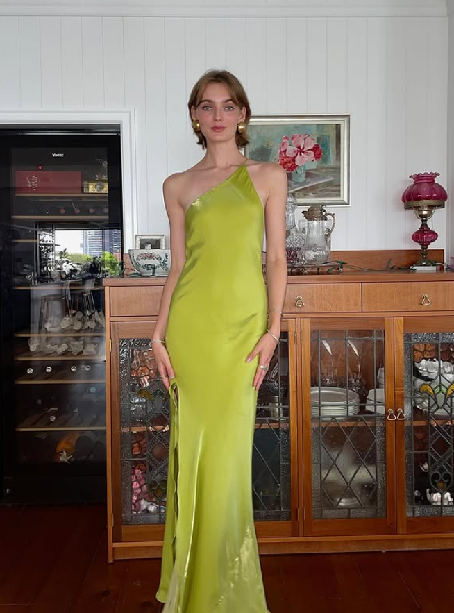 Summer Bright Green Sheath One Shoulder Satin Prom Dress Evening Dress DP5502