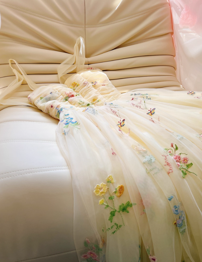 Cute Yellow A Line Spaghetti Strap Embroidery Floral Tulle Prom Dress Party Dress DP4490