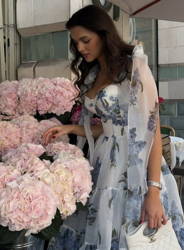 Blue Print Floral A Line Spaghetti Strap Chiffon Long Prom Dress Evening Dress DP6035