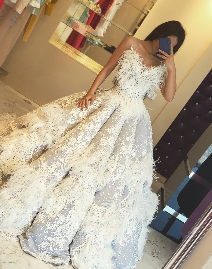 Stunning Ball Gown Strapless White Lace Feather Tulle Long Prom Dress Evening Dress DP6067
