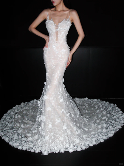 Glamorous Mermaid V Neck Floral Lace Tulle Long Wedding Dress DP5800