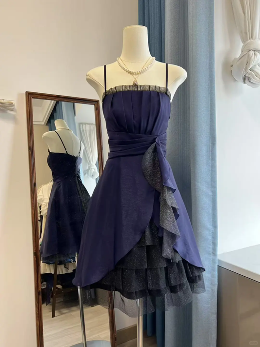 Vintage A Line Spaghetti Strap Tulle Navy Blue Satin Short Homecoming Dress Cocktail Dress DP2481