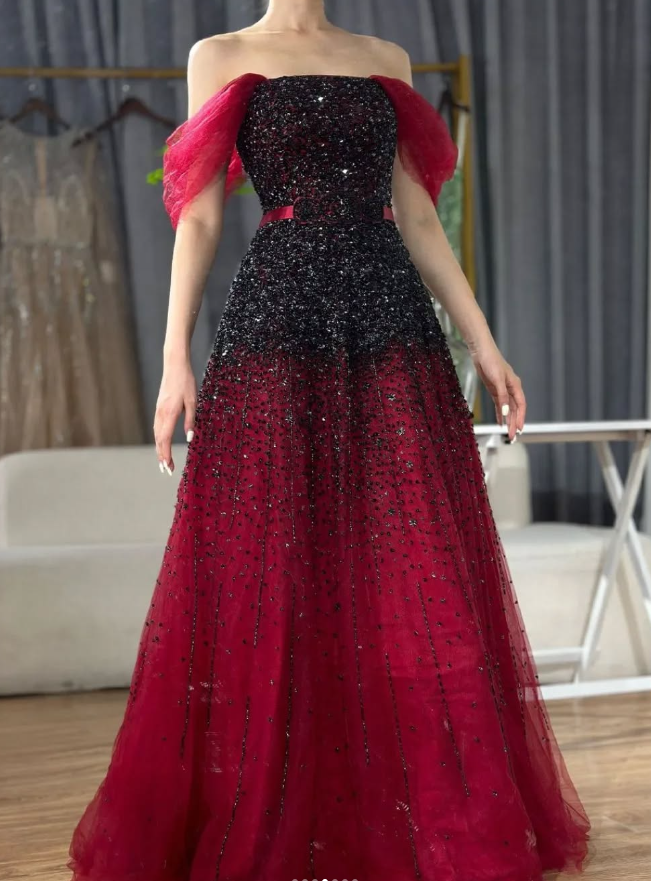 Burgundy A Line Off the Shoulder Beads Sequins Tulle Prom Dress Evening Dress DP1441