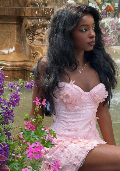 Cute Pink A Line Spaghetti Strap Floral Beaded Tulle Short Homecoming Dress DP4376