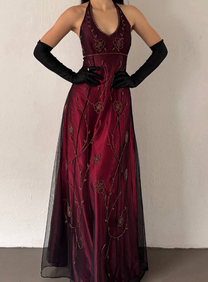 Vintage A Line Halter Beaded Burgundy Satin Black Tulle Prom Dress DP4828