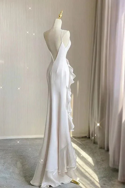 White Mermaid Evening Dress With Ruffles Backless Prom Dress DP088