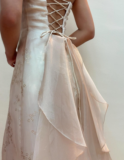 Vintage A Line Strapless Print Floral Satin Tulle Prom Dress Evening Dress DP1778