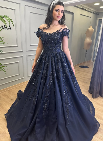 Stunning A Line Off the Shoulder Navy Blue Sequin Beaded Tulle Prom Dress Evening Dress DP1858