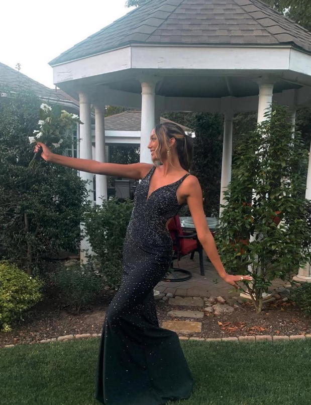 Black Mermaid V Neck Rhinestone Satin Open Back Long Prom Dress Evening Dress DP1569